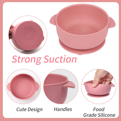 3pcs silicone bowl with lid, food spoon bowl with suction cup, strong suction set