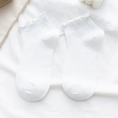 Cotton Women's Socks Frilly Ruffle Socks Spring Summer Casual Ankle Short Boat Socks Loose Knit Solid Color Mid-Calf Socks