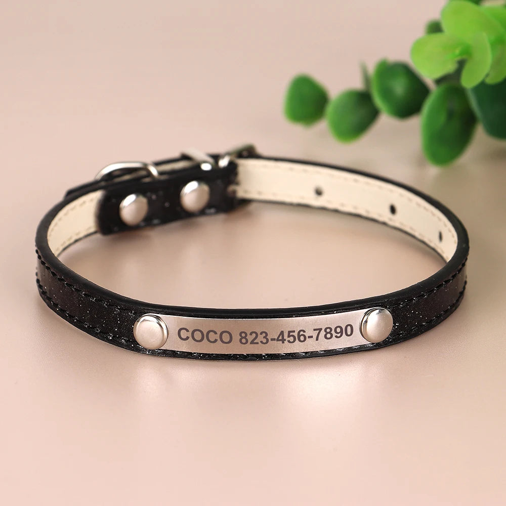 Personalized Cat Collar Bling PU Leather Cat Collars Free Custom Pet Puppy Kitten ID Necklace Adjustable for Cats Small Dogs