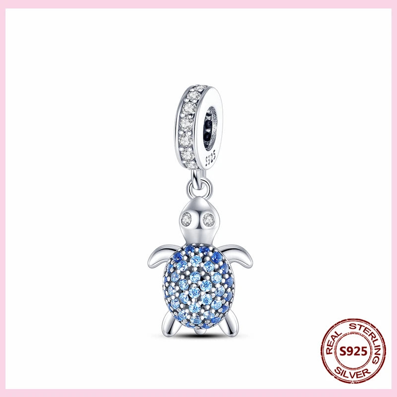 PAMELA 925 Sterling Silver Sea Turtle Starfish Blue Charm Dolphin Octopus Shell Bead For Original Charms Bracelets Ocean Jewelry