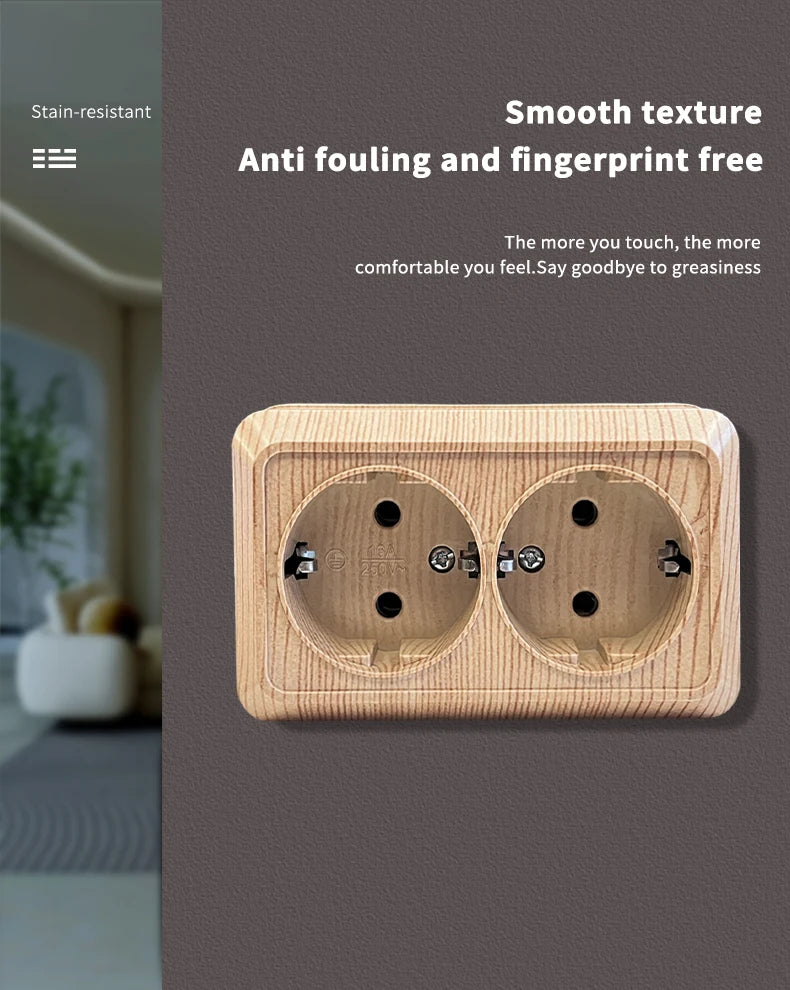 Wood Paint Wall Surface 2 Sockets Plugs EU Exterior Electrical Outlets With Ground Outdoor Power Socket Flame Retardant Plastic