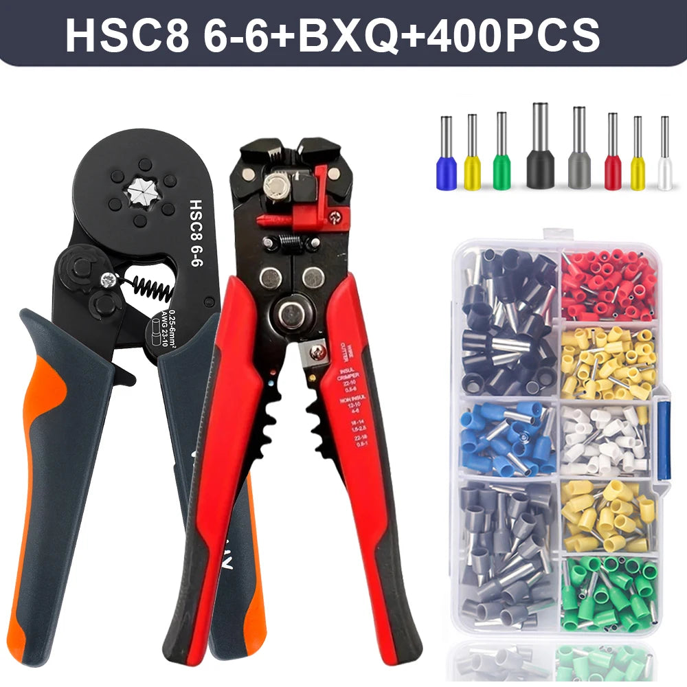 Self-Adjusting Wire Strippers and Crimper Tool,Hexagonal Self-Adjustable Ratchet Ferrule Crimping Tool Kit with Wire Terminals