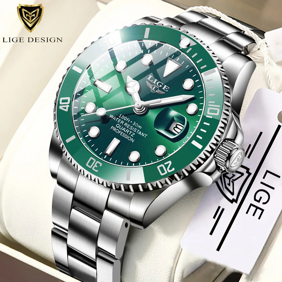 Luxury Fashion Diver Watch For Men, 30ATM Waterproof Date Clock, Sports Watch For Mens, Quartz Wristwatch, Relogio Masculino, LIGE Top Brand