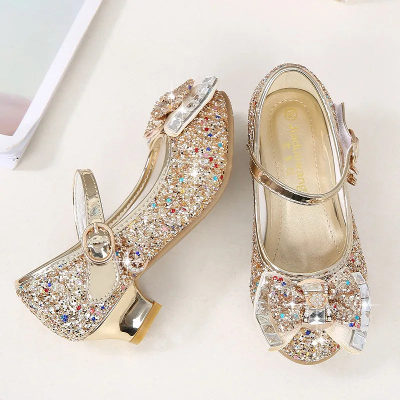 Princess Kids Leather Shoes for Girls Flower Casual Glitter Children High Heel Girls Shoes Butterfly Knot Blue Pink Silver