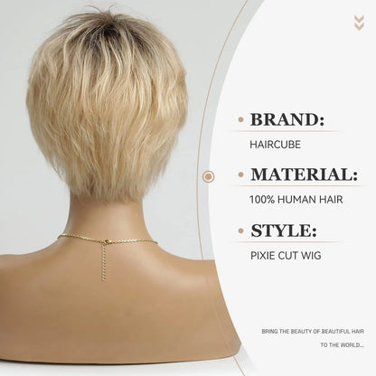 100% Remy Human Hair Wigs, Ombre Blonde Short Bob Pixie Cut Machine Made Wig with Bangs, Human Hair Natural Layered Wigs for Women