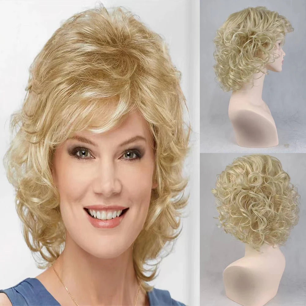 Women Synthetic Hair Wigs, Short Curly with Bangs, Shoulder Length  Blonde Grey White Brown Wig, HAIRJOY