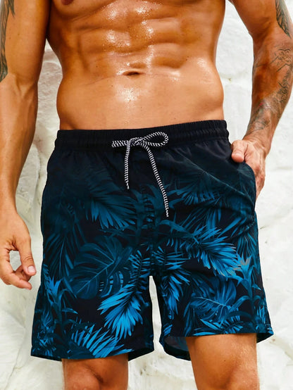 Men's Hawaiian 3D Gradient Palm Tree Pattern Beach Shorts, Quick Dry Outdoor Leisure Sports Shorts, Fashion Men's Shorts