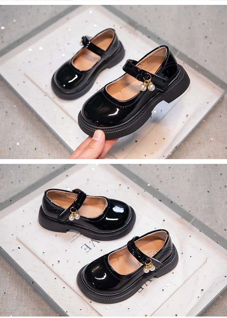 Girls' Chic Leather Princess Mary Janes with Pearl Pendant for Wedding Party, Back to School, Dress Flats (Sizes 26-36)