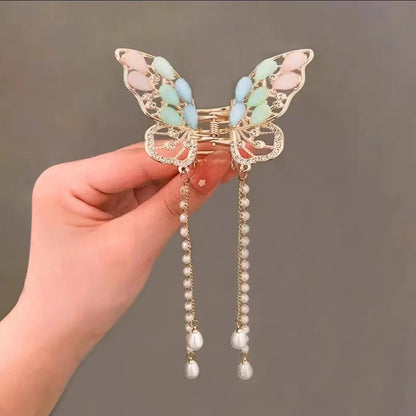 Glitter Shark Grip Clips Korean Style Sweet Romantic Hair Claws Butterfly Shape Girls Pearl Tassel Metal Jewelry Hair Accessory