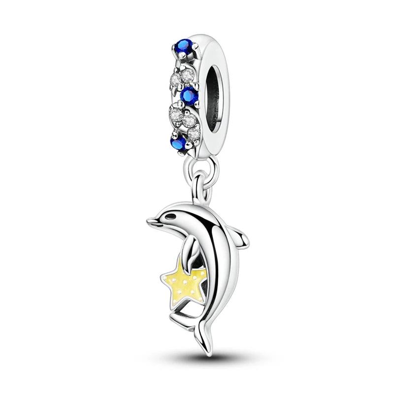 PAMELA 925 Sterling Silver Sea Turtle Starfish Blue Charm Dolphin Octopus Shell Bead For Original Charms Bracelets Ocean Jewelry
