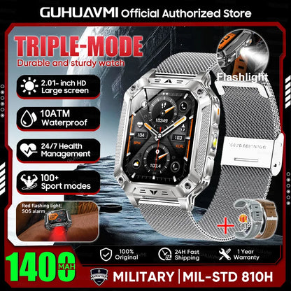 2026 Military outdoor SmartWatch Fitness Clock Men 2.01 inch AMOLED Screen 1400mAh Battery Flashlight Call Waterproof Smart Band
