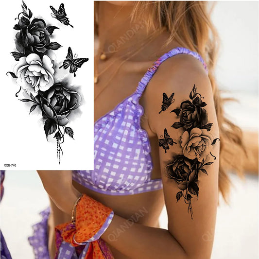 Black Flower Waterproof Temporary Tattoo Sticker, Beauty Butterfly Rose for Women, 3D Flash Body Arm Art Washable Fake Tattoos