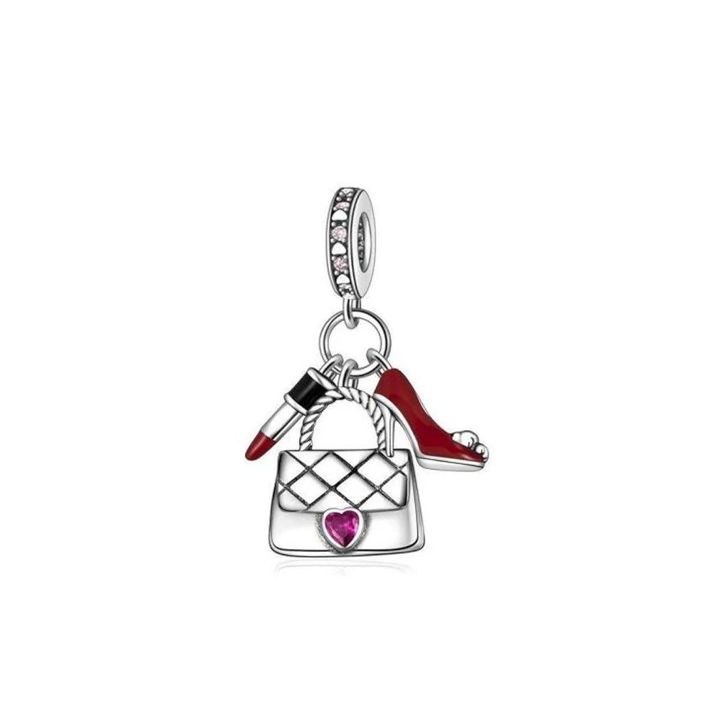 Pink Bead Bag Perfume Lipstick high heels Pendant fit Original Bracelet Accessories DIY Jewelry Women 925Silver Gift Trunk Charm
