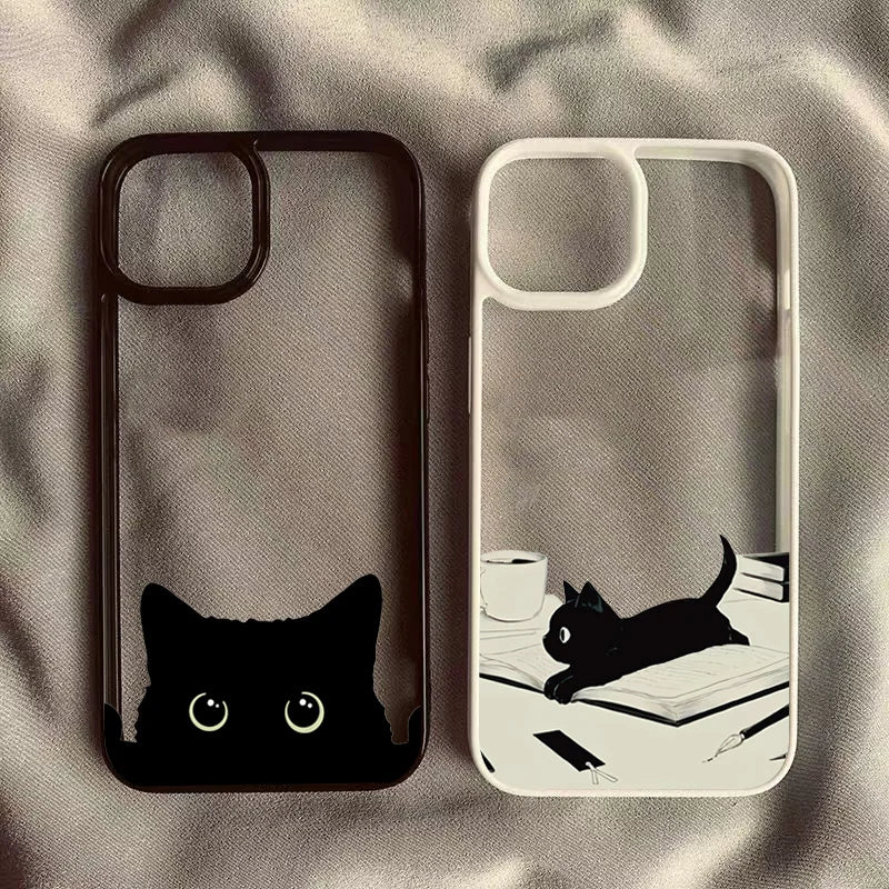 Cute Black Cat Pattern Hard Clear Phone Case For iPhone 15 16 17 Pro Max 16 Plus 17 Air 16E 14 13 12 11 Pro MINI Anti-fall Cover