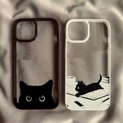 Cute Black Cat Pattern Hard Clear Phone Case For iPhone 15 16 17 Pro Max 16 Plus 17 Air 16E 14 13 12 11 Pro MINI Anti-fall Cover