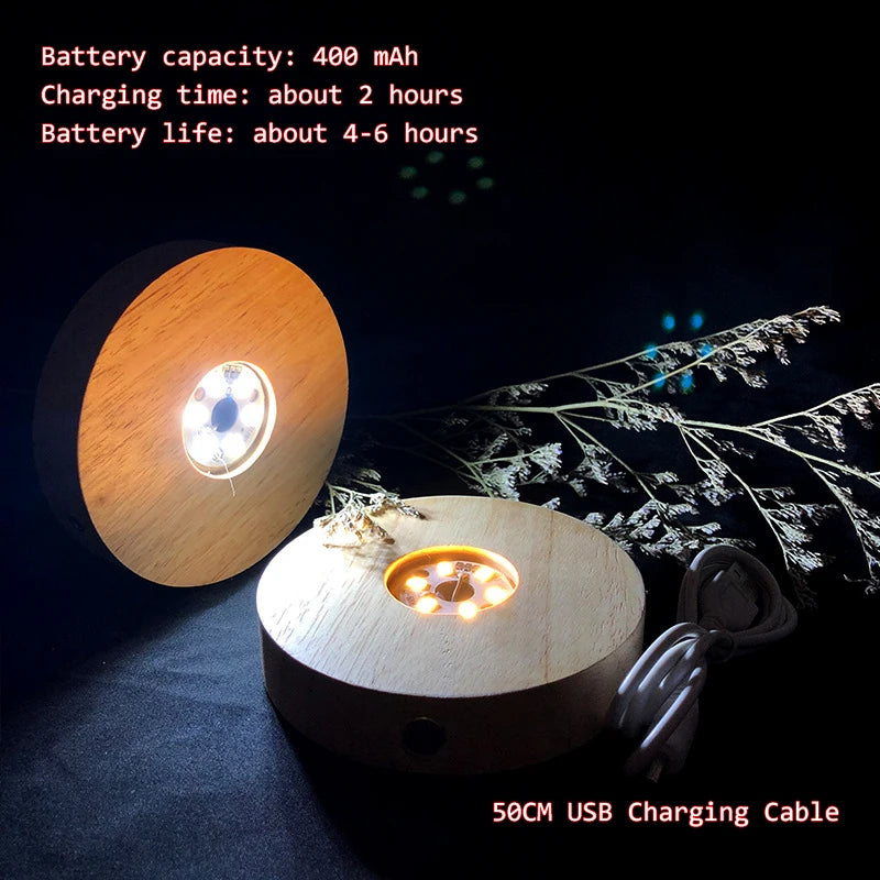 Creative DIY Wooden Luminous Lamp Holder Touch Switch Rechargeable LED Light Display Base Crystal Glass Resin Art Ornament