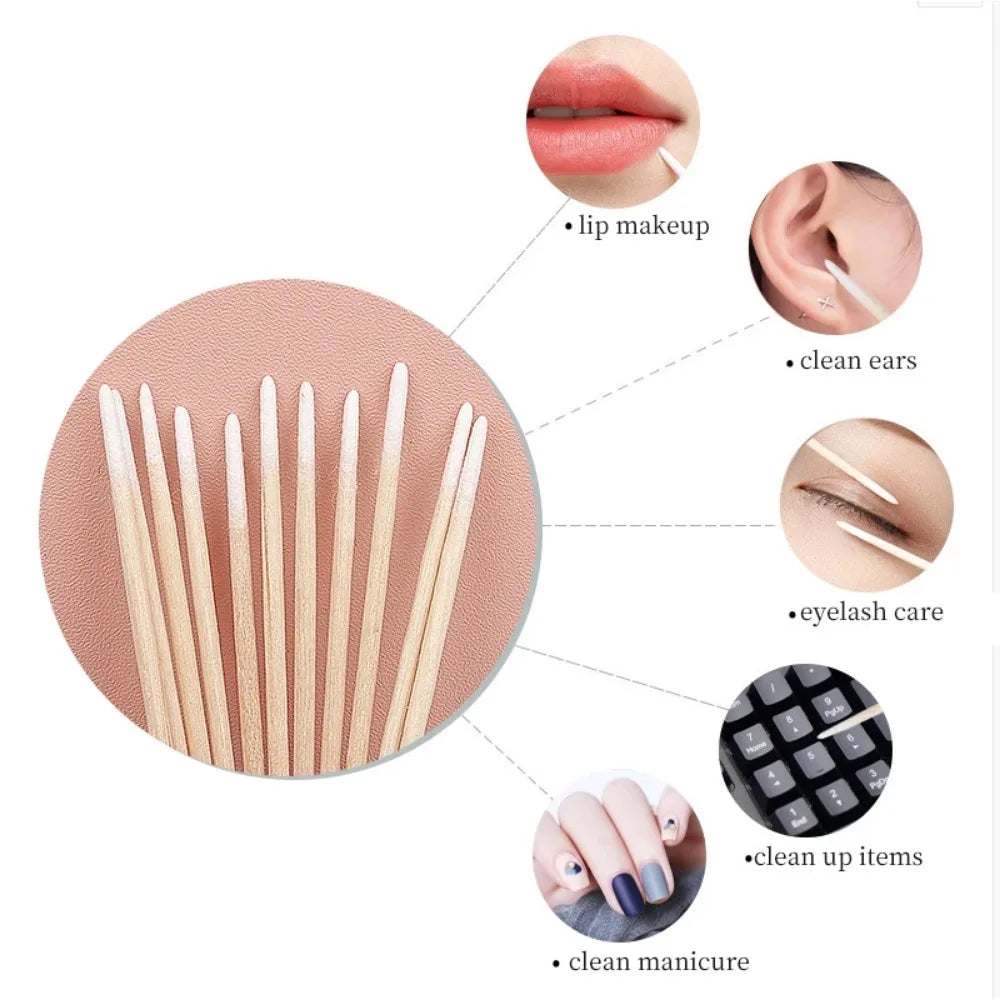 100/300/500 Pcs Disposable Ultrasmall Cotton Swab Brush Lint-Free Micro Wood Makeup Brushes for Eyelash/Tattoo Cleaning, Tattoo Accessories