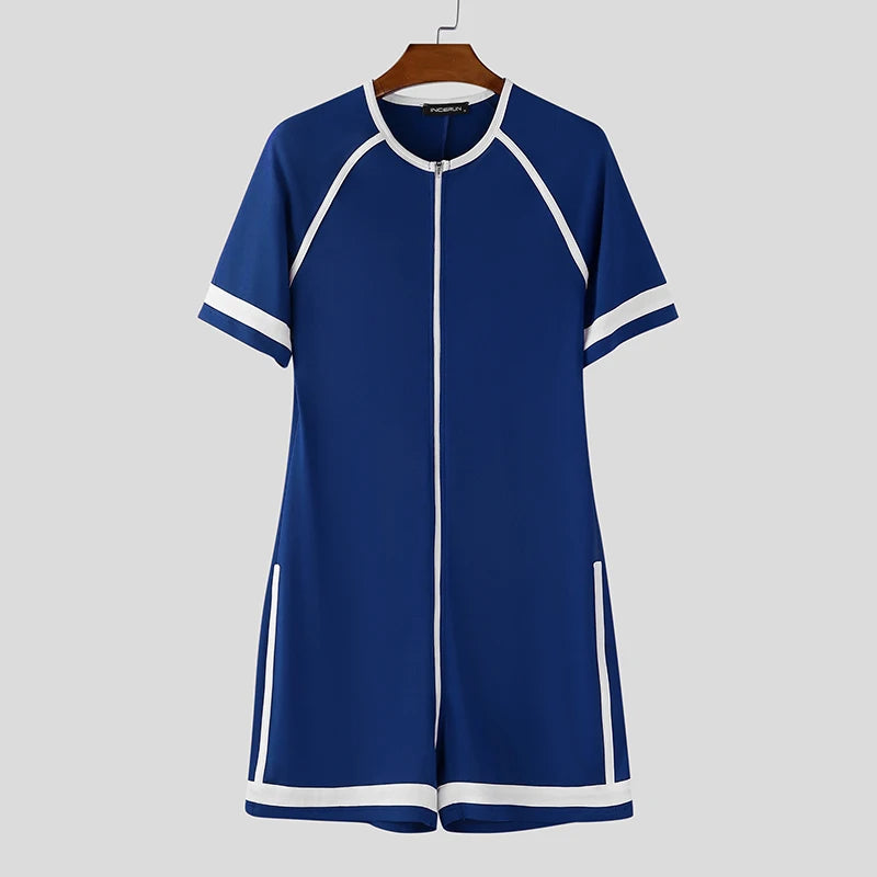 INCERUN Men Bodysuits Patchwork Zipper O-neck Short Sleeve Cozy Male Rompers Playsuits Workout 2025 Fashion Casual Bodysuit Men