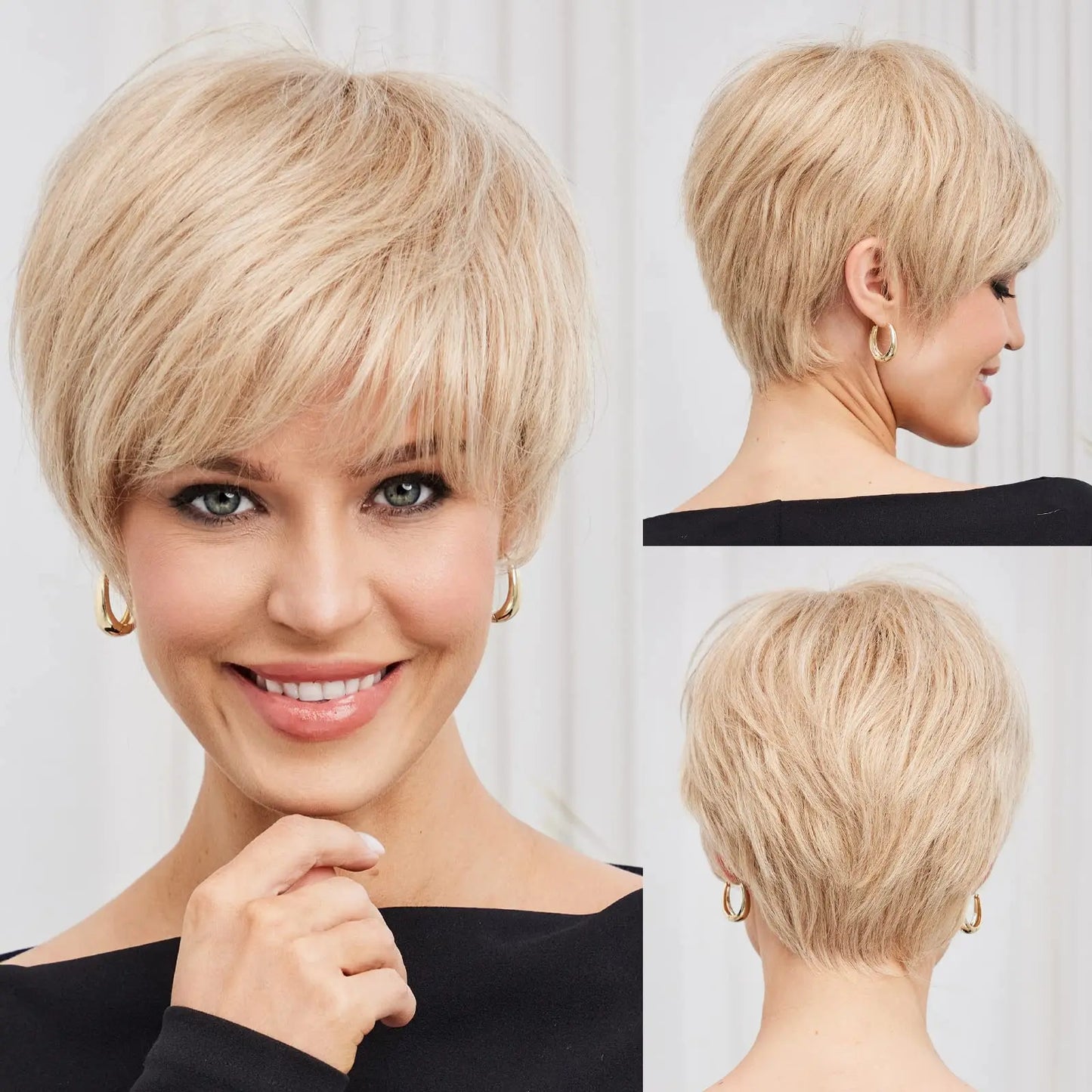 100% Remy Human Hair Wigs, Ombre Blonde Short Bob Pixie Cut Machine Made Wig with Bangs, Human Hair Natural Layered Wigs for Women