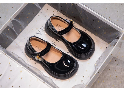 Girls' Chic Leather Princess Mary Janes with Pearl Pendant for Wedding Party, Back to School, Dress Flats (Sizes 26-36)