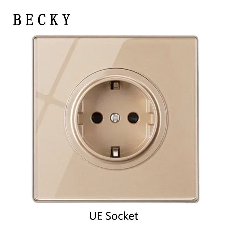 Gold Tempered Glass Wall Switch Panel LED European 16A Socket Retro Toggle Light Switch EU UK Standard 2USB Socket 1Gang-4Gang