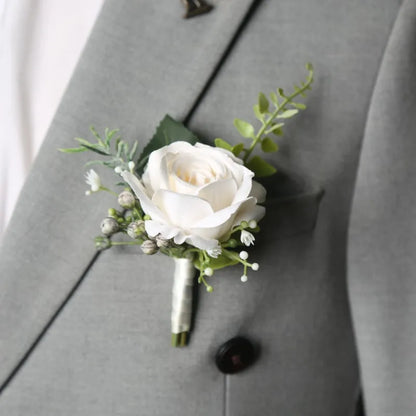 Elegant Groom Boutonniere Flowers for Men's Suit Artificial Roses Wrist Corsage Wedding Accessories