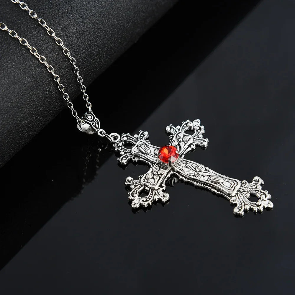 Y2K Punk Crystal Big Cross Pendant Necklaces for Women Men, Gothic Irregular Cross Clavicle Chain Necklaces, Aesthetic Jewelry