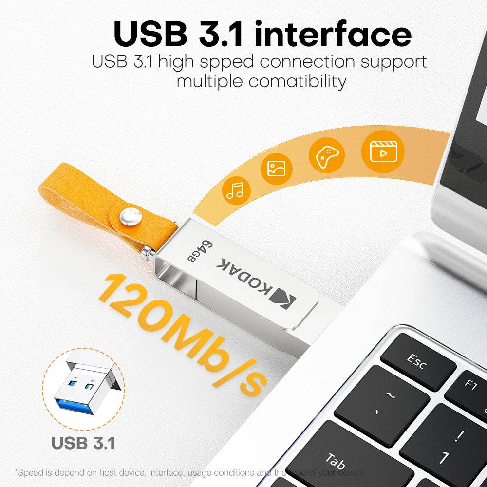 Kodak K133 USB 3.1 Flash Drive 64GB 128GB 256GB 512GB Read Speed 120MB/s Metal Body Leather Band USB3.1 Pen Drive for PC & HD-TV
