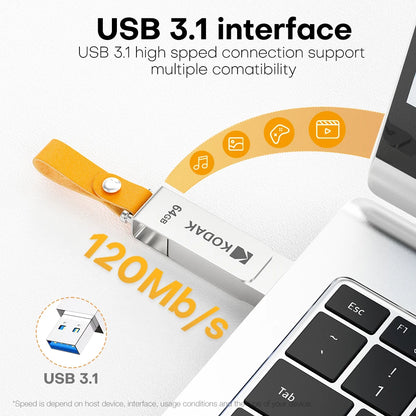 Kodak K133 USB 3.1 Flash Drive 64GB 128GB 256GB 512GB Read Speed 120MB/s Metal Body Leather Band USB3.1 Pen Drive for PC & HD-TV