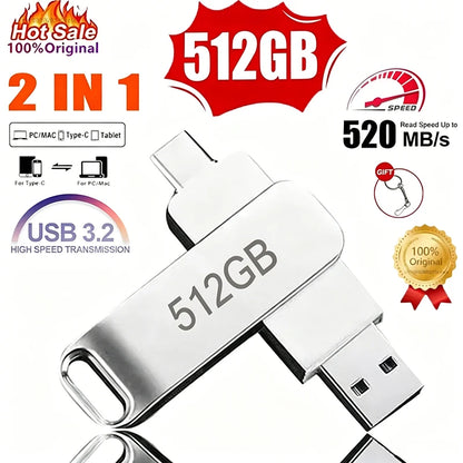 With Metal Pendrive USB Drives Type-C Memoria For Xiaomi 512GB High Speed WaterProof 256GB USB 3.2 Flash Drives U Disk USB Stick