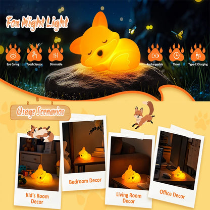 Fox Night Light, Squishy Silicone Lamp Novelty Gifts, Rechargeable Dimmable Timer Bedside Touch Nightlight for Breastfeeding