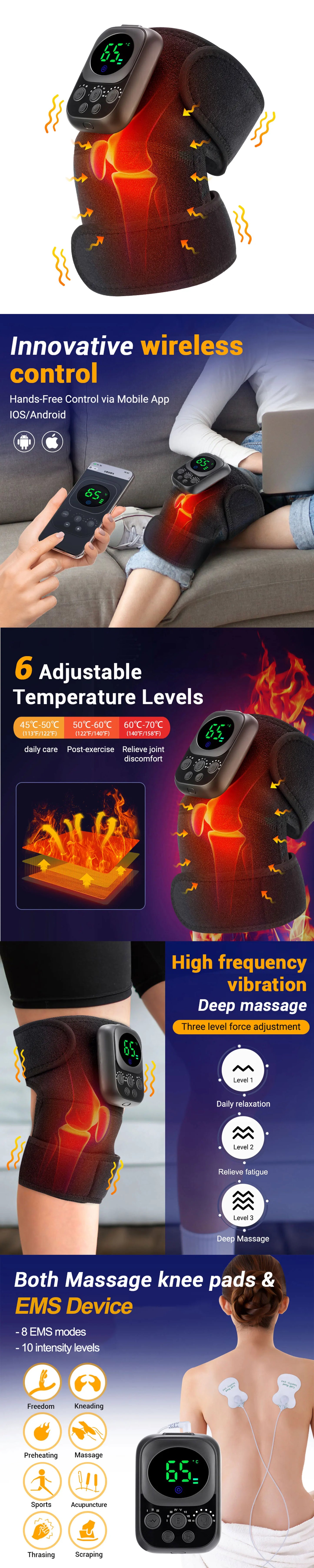 Electric Heated Vibration Knee Massage Pad, 3 in 1 Massager for Shoulder Elbow, Hot Compress Thermal Joint Brace Muscle Relaxation