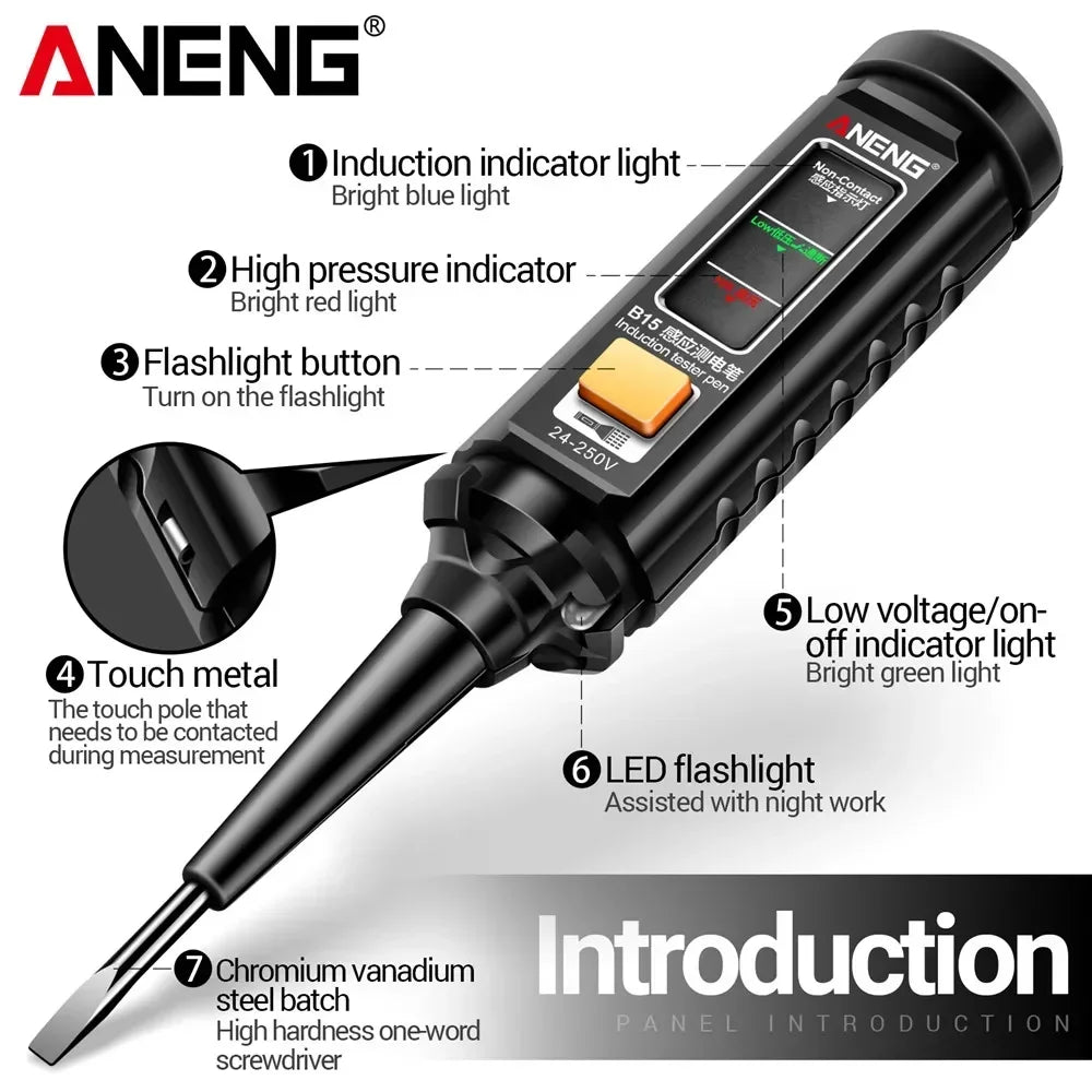Multifunction Voltage Tester, Pen Detector, Induction AC 24V-250V Voltmeter, NCV Wire Line breakpoint electrician Tools, ANENG B15