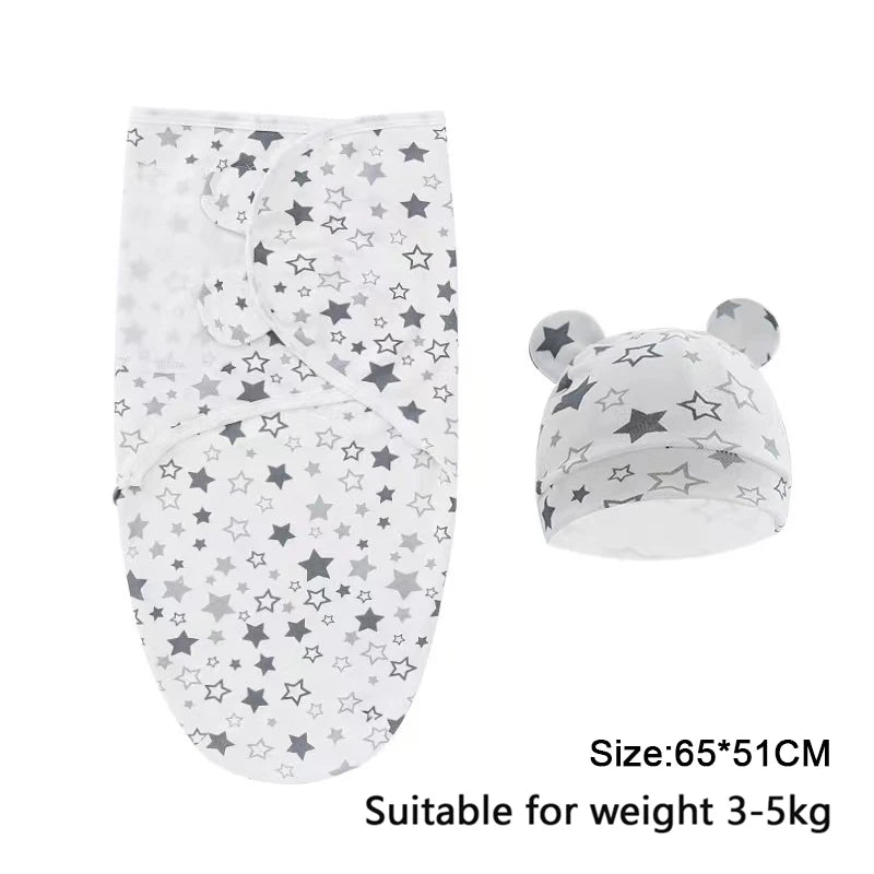 Baby Blanket Hat Set, Cartoon Printed Cotton Newborn Swaddle, Adjustable Infant Sleeping Swaddle Wraps, All Seasons, 0-6 Months