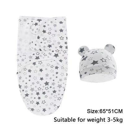 Baby Blanket Hat Set, Cartoon Printed Cotton Newborn Swaddle, Adjustable Infant Sleeping Swaddle Wraps, All Seasons, 0-6 Months