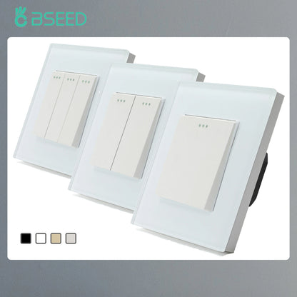 BSEED Mechanical Wall Light Switch Button Switch 1/2/3Gang 1Way Crystal Glass Panel Power Switch Switch On Off 250V White Black