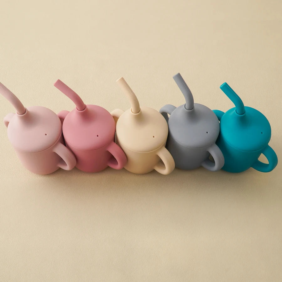 Color Kids 1Pcs Baby Learning Drinking Cup Portable Straw Detailed Comfortable Grip Silicone Double Ear Kids Sippy Cup Baby Stuff
