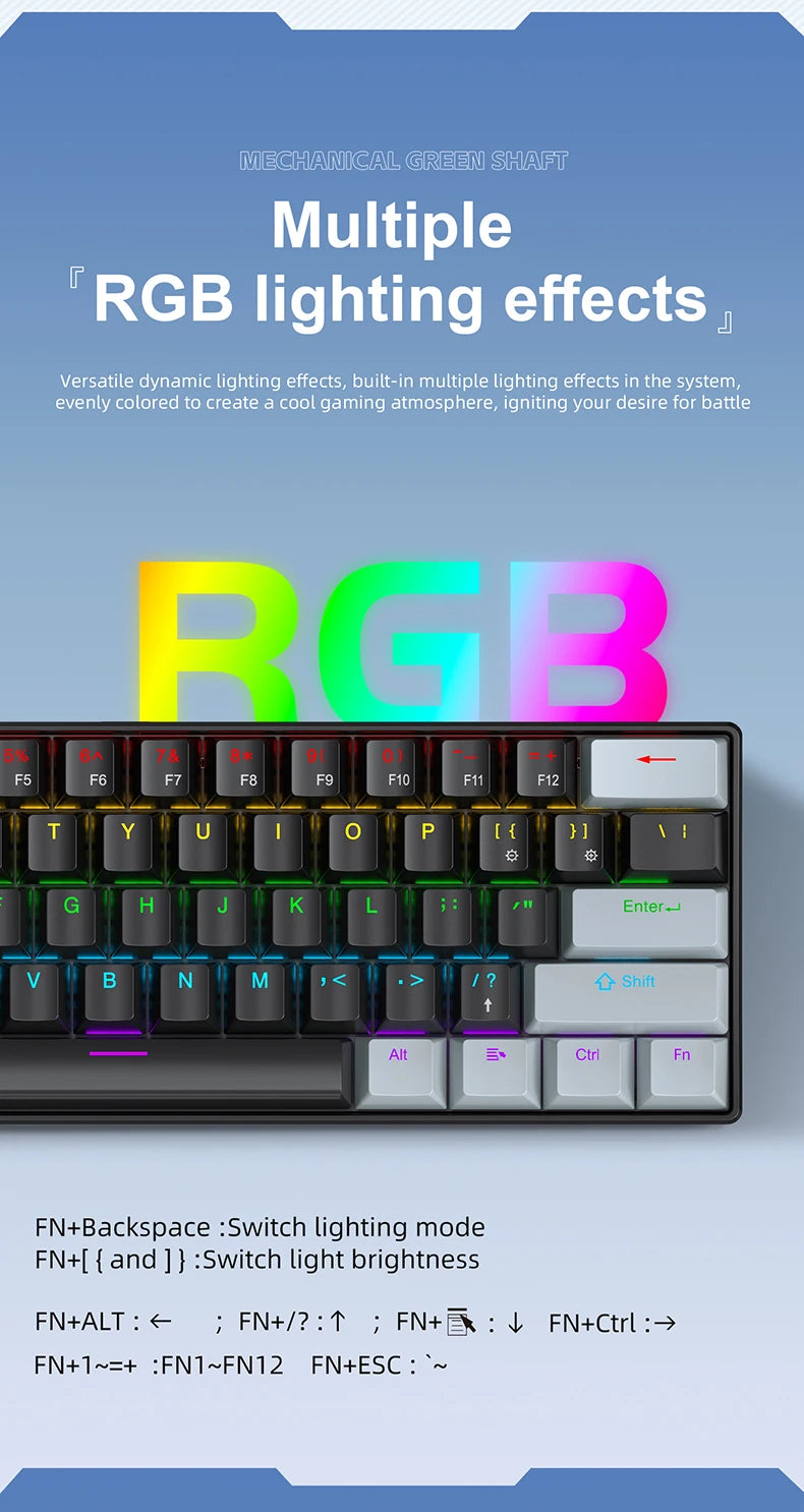 APAYADO K61 Mini Mechanical Keyboard, Wired, 61 Keys, Phantom RGB, Black/White Red/Blue Mechanical Switch for Gaming, 60% Portable