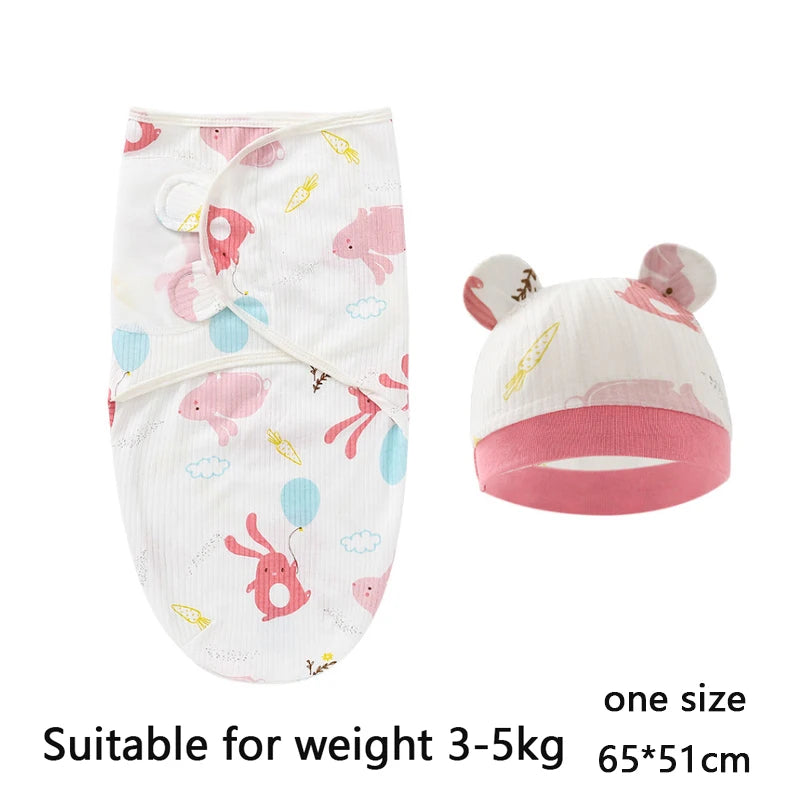 Baby Blanket Hat Set, Cartoon Printed Cotton Newborn Swaddle, Adjustable Infant Sleeping Swaddle Wraps, All Seasons, 0-6 Months