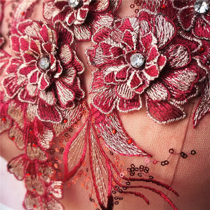 Grey Blue Red 3D Flower Leaf Lace Fabric Sequin Rhinestone Embroidered Gown Appliques Collar Mesh Sew Patch For Wedding Decor