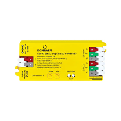 DOMRAEM ESP32 USB-C WLED Digital LED controller RGB IC DIY APP 16A fuse Works with HA/MQTT/Alex WS2811/12/12B/14/05 Sk6812 Strip