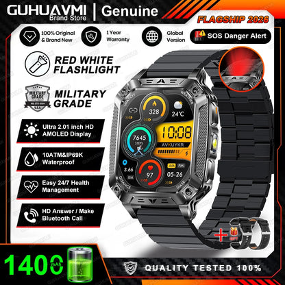 2026 New Built-in 1400mAh Super Large Battery Men Smart Watch Outdoor GPS 2.01"AMOLED Screen 10ATM Waterproof BT Call Smartwatch