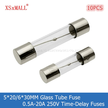 10PCS, 5*20/6*30MM Slow-Blow Glass Tube Fuse, T0.5A 1A 1.25A 1.5A 1.6A 2A 2.5A 3.15A 4A 5A 6.3A 7A 8A 10A 15A 20A Time-Delay Fuses