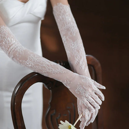 Women Sexy Thin Lace Flower White Black Long Gloves Transparent Mesh Eyelash Tulle Bridal Wedding Party Dress Accessories