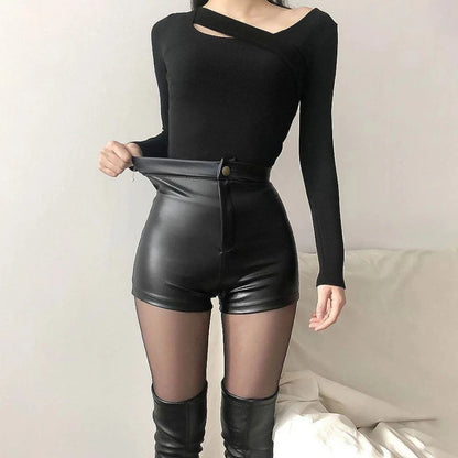 Women's Black Goth Pants Shorts, High Waist Spring Autumn Fashion, Tight Sexy Stretch Y2K Corduroy Female Casual Pants