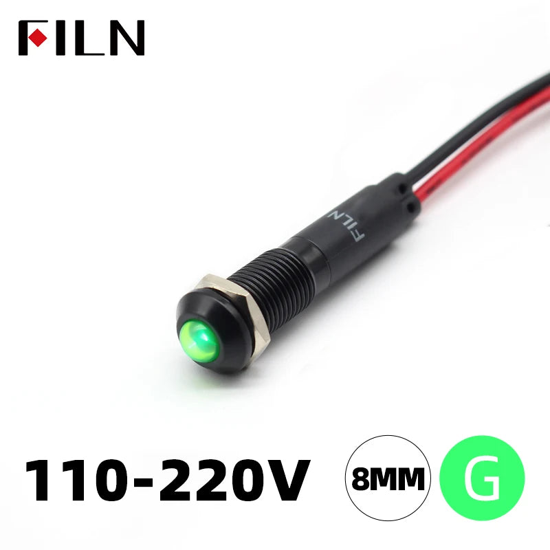 FILN 8mm LED Light Panel Mounted Raised Head LED Light Panel Black Metal Shell Mini 12V 24V 110V 220V With 20cm Cable