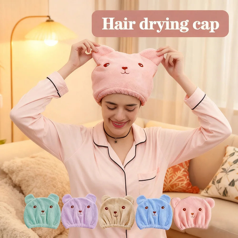 Dry Hair Cap for Women - Soft Absorbent Lightweight, Quick-Drying Thick Microfiber, Cute Bear Embroidery, Shower Head Towel