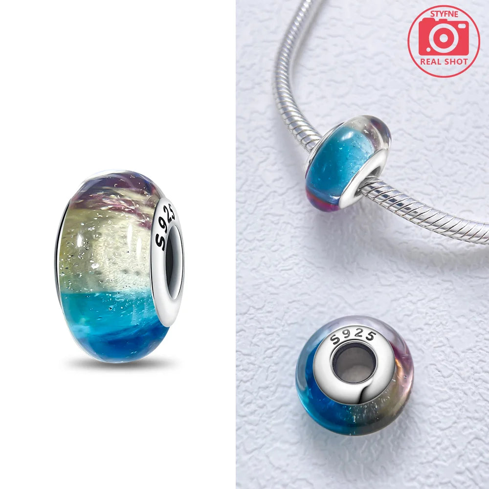 Original 925 Silver Charms Flower Blue Star Green Turtle Glass Beads Fit Bracelet Women DIY Gift Murano Jewelry Accessories