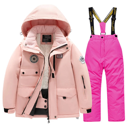 Winter children's skiing suit for boys and girls, windproof and waterproof thick coat for warmth and snow playing equipment