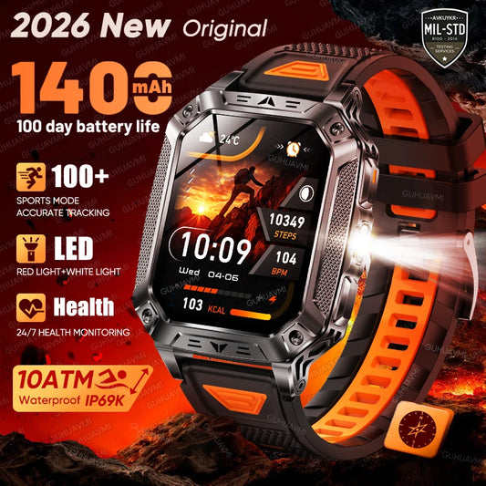 2026 Outdoors Durable Men's Sports Smart Watch 1400mAh Battery LED Flashlight IP69K Waterproof Bluetooth Call Military Smartwatches